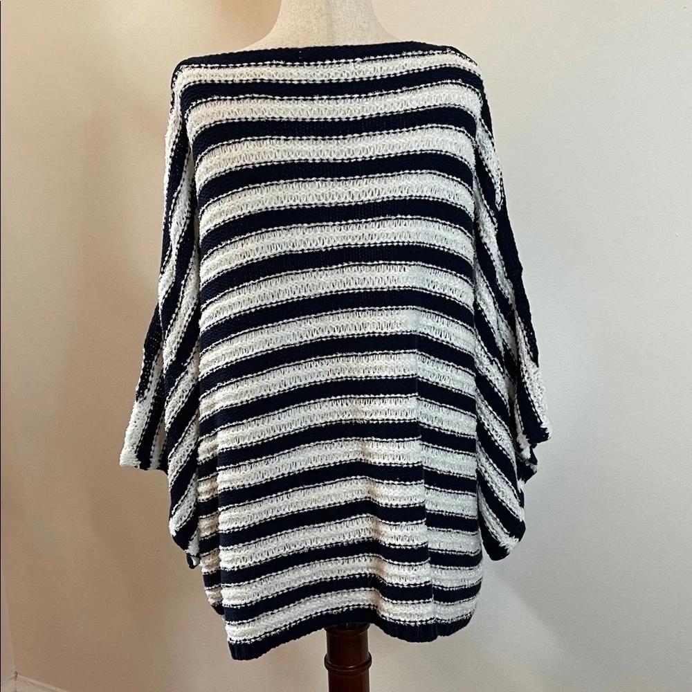 Anthropologie Evie Poncho Sweater Dolman Sleeve Navy White M/L NWT